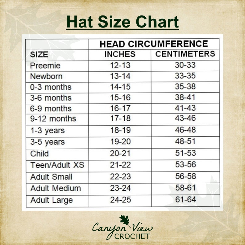 Puede incluir: Una tabla de tallas de sombreros con medidas en pulgadas y cent&iacute;metros. Las tallas van desde Prematuro hasta Adulto Grande, con medidas de circunferencia de cabeza de 30-33 cm a 61-64 cm. El logotipo de Canyon View Crochet est&aacute; en la parte inferior.