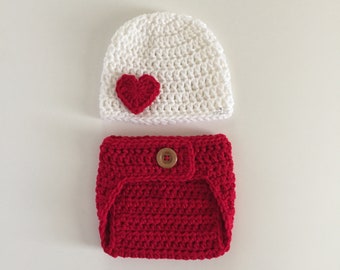 Baby Girl or Boy Valentine's Day Photo Prop Outfit for Preemie Newborn Infant or Toddler, Crochet Heart Hat with Diaper Cover, Red and White