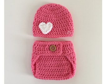 Baby Girl Valentine's Day Outfit, Crochet Heart Hat with Diaper Cover, Pink Knit Infant Toddler or Newborn Photo Prop, Baby Shower Gift