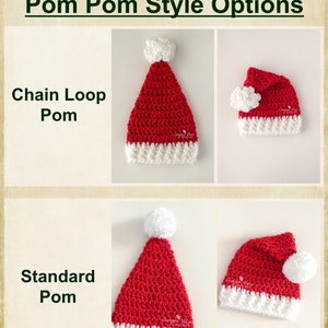 May include: Two styles of crocheted Santa hats with white pom-poms. The first hat has a chain loop pom-pom, the second hat has a standard pom-pom. Both hats are red with white trim.