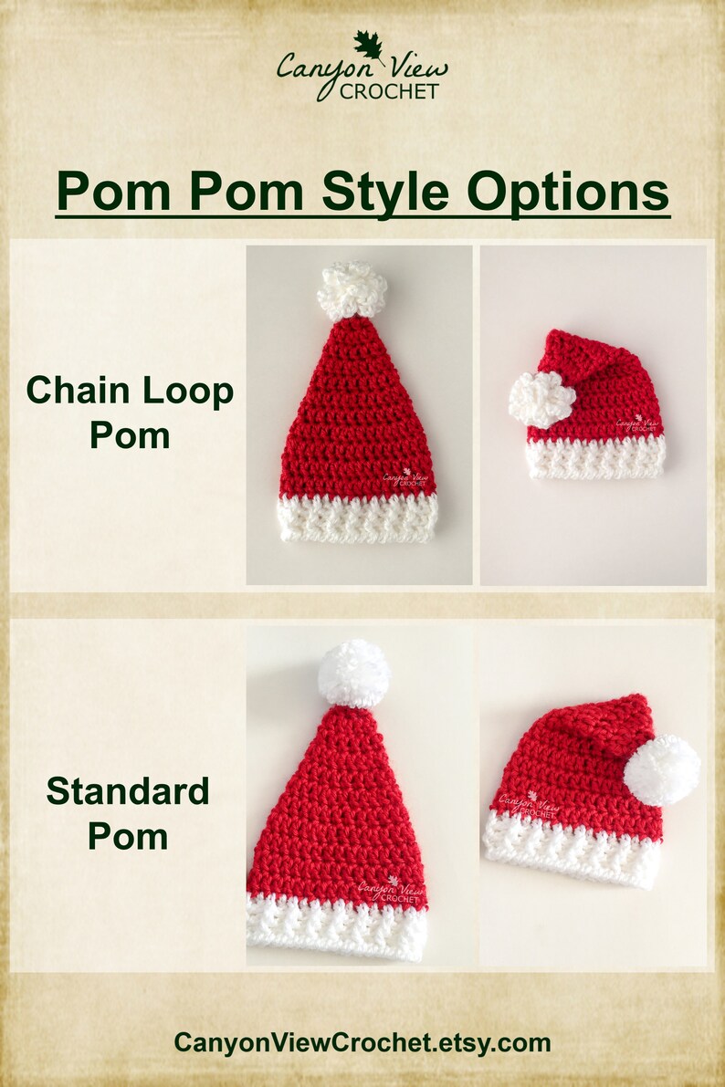 May include: Two styles of crocheted Santa hats with white pom-poms. The first hat has a chain loop pom-pom, the second hat has a standard pom-pom. Both hats are red with white trim.