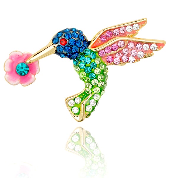 Gold-tone Hand Painted Swarovski Element Crystals Humming Bird and Flower Pin