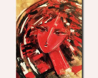 Portrait painting on canvas, original painting on canvas, original painting, portrait painting, wall art in gold red, large wall art