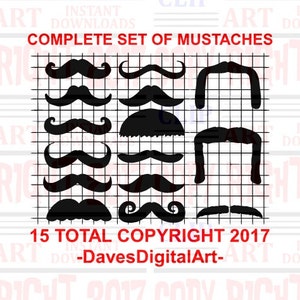 Set of 15 mustache clip art, Curled mustache, Chevron mustache, Dali mustache, English Mustache, Handlebar Mustache, horseshoe mustache
