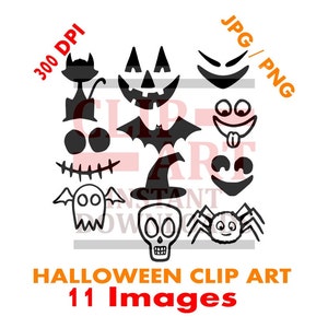 Set of 11 plain black Halloween clip art, Black Cat, Pumpkin Face, Ghost Face, Skull Face, Spider, Trick or Treat Clipart, Cute Halloween
