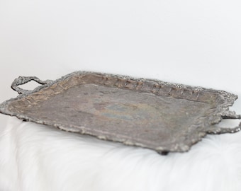 Antique Ornate Silver-Plated Serving Tray – Large Decorative Footed Tray with Handles