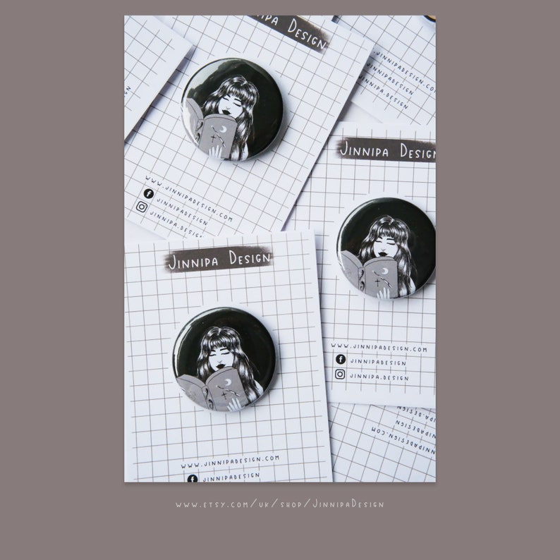 Girl reading book lover gift black and white drawing 38 mm Button pin badges