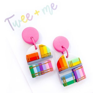 Rainbow bookshelf statement dangle earrings - handmade polymer clay drop earrings - book lover accessories