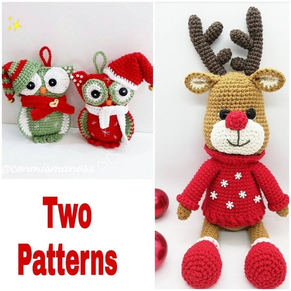 Christmas Amigurumi Pattern x 2, PDF Christmas Reindeer + Christmas Owl