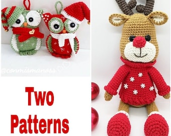 Christmas Amigurumi Pattern x 2, PDF Christmas Reindeer + Christmas Owl