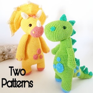 Two amigurumi patterns, Pedro T-rex and Kéras triceratops