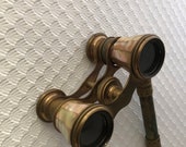 Early 20th Century French Mother-of-Pearl Opera glasses with Green Handle and Bag, Antique, Culture Lovers Gift, Collectable, Rare