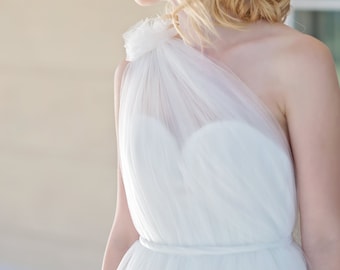 Asymmetric wedding dress, one shoulder tulle wedding dress, tulle bridal gown, open back wedding dress, sweetheart wedding dress - Sophia