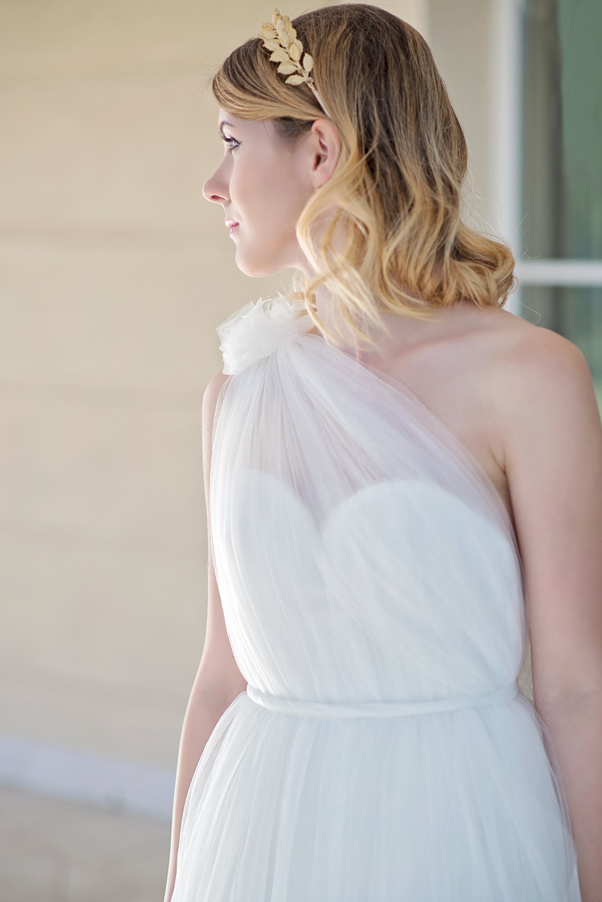 asymmetrical one shoulder wedding dress Asymmetrical Ruffled Neck One Sleeve Slit Organza Designer Bridal Dress main image 0