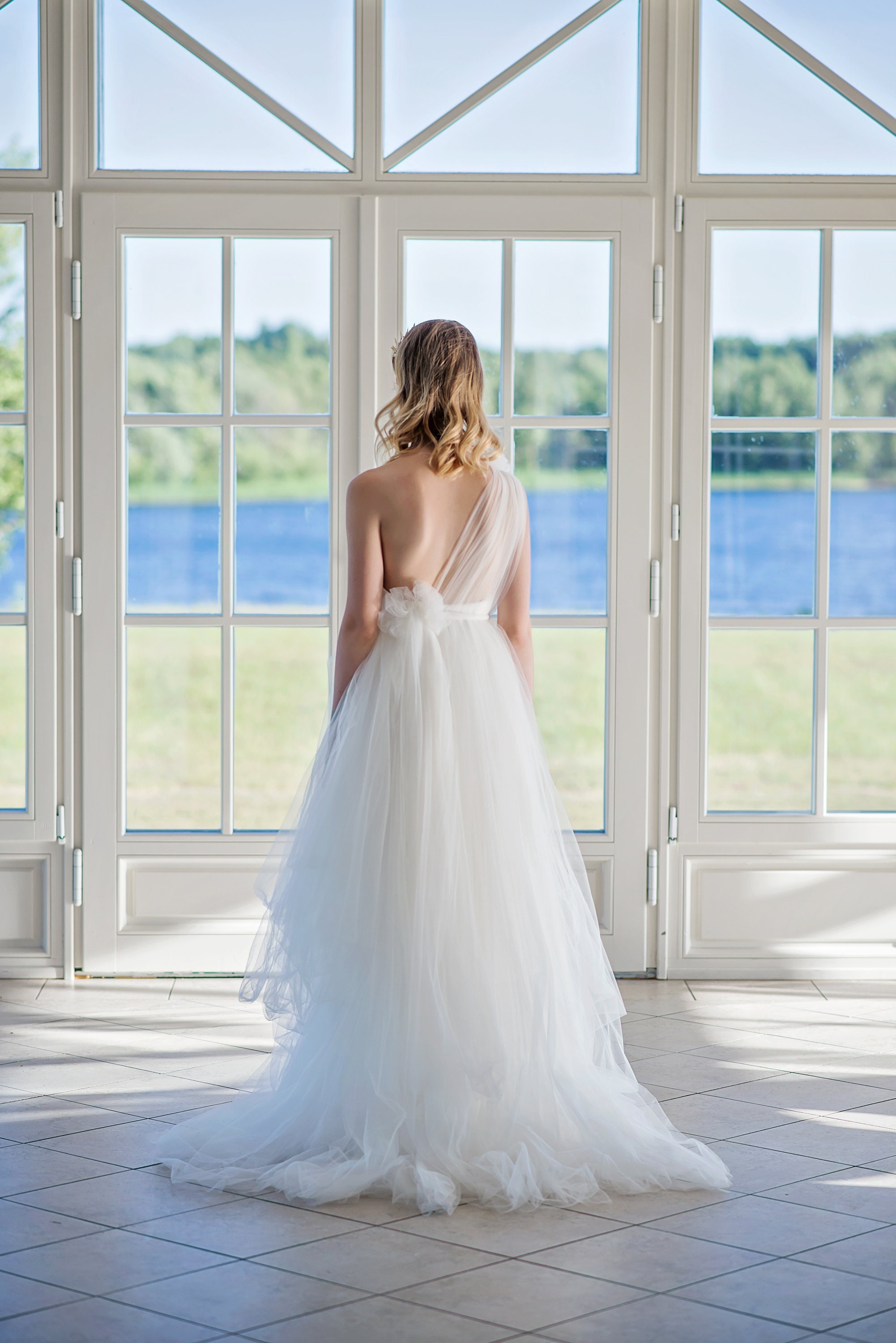 Asymmetric Wedding Dress, One Shoulder Tulle Wedding Dress, Tulle Bridal Gown, Open Back Wedding Dress, Sweetheart Wedding Dress - Sophia