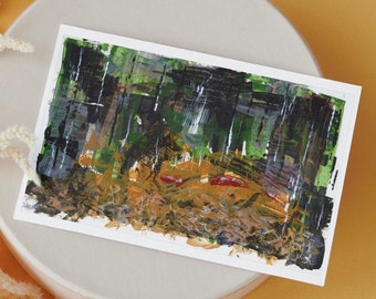 May include: Abstract painting on a white card with black, green, brown, and red paint strokes.
