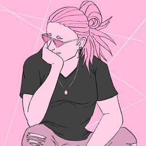 May include: A pink and black illustration of a person with pink hair wearing sunglasses, a black t-shirt, and ripped jeans. The person is sitting with their chin resting on their hand.