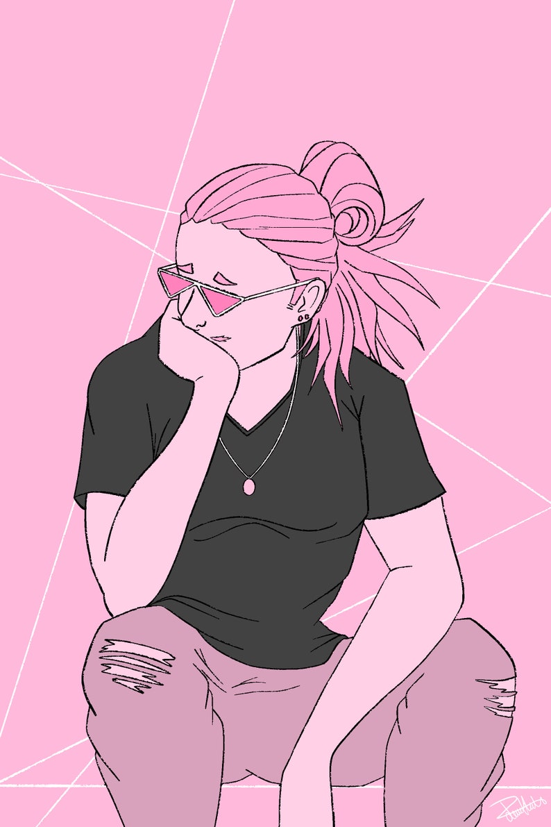 May include: A pink and black illustration of a person with pink hair wearing sunglasses, a black t-shirt, and ripped jeans. The person is sitting with their chin resting on their hand.