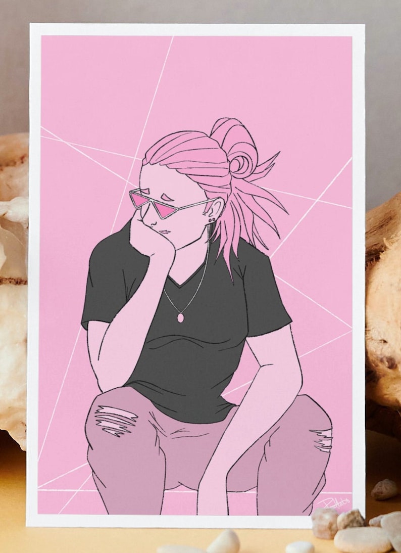 May include: A pink and black illustration of a person with pink hair wearing sunglasses, a black shirt, and ripped jeans. The background is a pink and white geometric pattern.