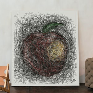 May include: A red apple drawn with black and red lines on a white background. The apple has a green stem and leaf. The drawing is surrounded by a black scribble.