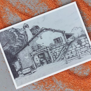 May include: A black and white pencil drawing of a stone house with a gabled roof and a stone wall in front. The house has a sign that reads "Matterhorn Road".