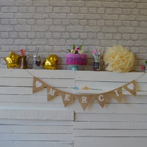 MERCI Banner Burlap Hessian Name Wedding Hen Do Engagement Rustic Wedding