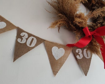 Guirnalda de cumpleaños para 30, 40, 50, 60, 21 y 18 años. Pancarta de arpillera / Feliz cumpleaños / Aniversario