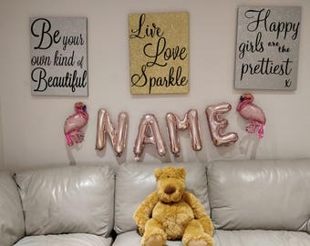 Personalised Custom Name + 2 Flamingos Rose Gold Foil Balloon Birthday Baby Shower Part Decoration Age Numbers Birthday, First Birthday