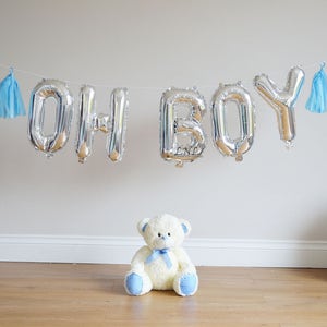 Globos de letras "OH BOY" de 40 cm en papel de aluminio plateado o dorado, pancarta plateada "Oh Boy", globos plateados para revelar el género de un niño, letras plateadas para baby shower