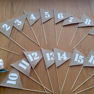 1-30 Wedding table number, Burlap table numbers, rustic wedding table numbers,Hessian Flags numbers,  wedding table decoration