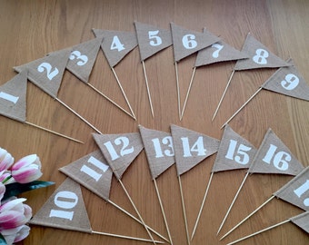 1-30 Wedding table number, Burlap table numbers, rustic wedding table numbers,Hessian Flags numbers,  wedding table decoration