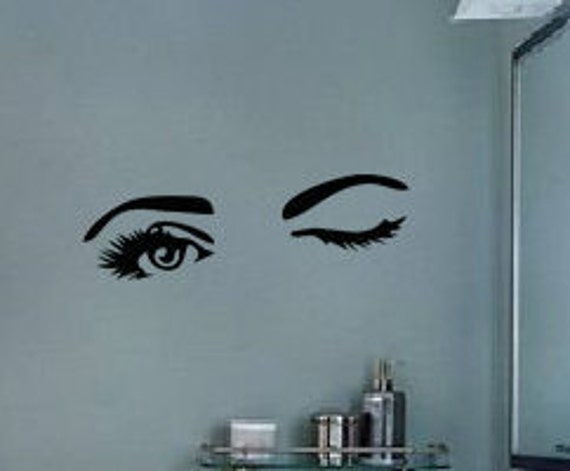 Winking eyes vinyl decal, one eye closed, pair of eyes & brows, bathroom, spa, vinyl decals, removable stickers, wall decals, washroom-0175
