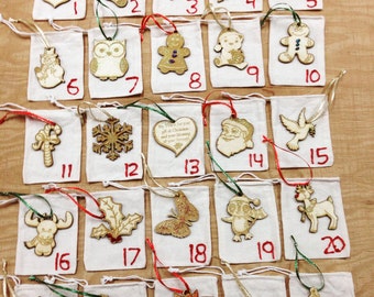 Wooden Advent Calendar Christmas Tree Ornaments-Holiday decorating, sparkle, ribbon, fabric bags, wooden cut outs, laser cut-0046