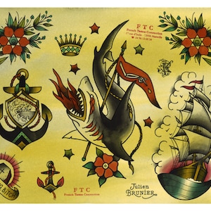 Peut inclure: Une collection de dessins de tatouage nautique traditionnels. Les dessins comprennent une ancre, un navire, un requin, une fleur, une couronne et une pierre tombale. Le texte "FTC French Tattoo Connection" et "Julien Brunier" sont également inclus.