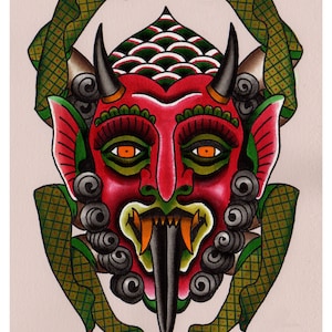 Könnte beinhalten: Eine rote Teufelmaske mit grünen und schwarzen Details, umgeben von zwei grünen Beinen, die Netzstrümpfe tragen. Die Maske hat eine lange, spitze Zunge und große, orangefarbene Augen. Das Kunstwerk ist signiert mit "Julien Bunnier 19".