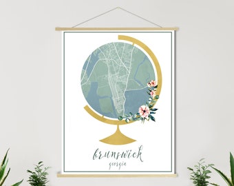 Brunswick Georgia Globe Street Map | Hanging Canvas Map of Brunswick | Printed Marketplace