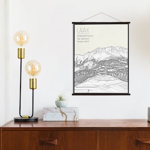 Impresión de ilustración de la estación de esquí de Laax Suiza / Lienzo colgante de Laax / Mercado impreso