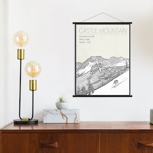 May include: A black and white illustration of Castle Mountain in Alberta, Canada. The illustration shows a snowy mountain peak with a skier descending a slope. The text "CASTLE MOUNTAIN" is at the top of the illustration, along with the coordinates 49°19′01″N 114°25′49″W, the location "Alberta, Canada", and the elevation "12,812".