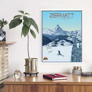Zermatt Schweiz Moderne Illustration Druck | Leinwanddruck vom Zermatt Skiort | Gedruckter Marktplatz