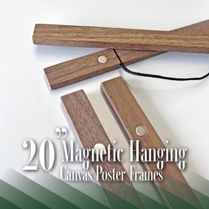 Puede incluir: Conjunto de 20 marcos magnéticos de madera de nogal para carteles de lienzo. Los marcos están hechos de madera natural y tienen un diseño simple y moderno. Cada marco tiene un pequeño imán plateado en el extremo.