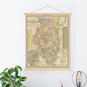 Impresión de mapa antiguo del estado de Illinois en color / Mapa de Illinois en lienzo / Mercado impreso