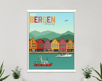 Bergen Norway Modern Illustration Print | Bergen Hanging Magnetic Poster Frame | Printed Marketplace