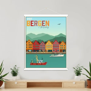 Bergen Noruega Impresión de ilustración moderna / Bergen colgante marco de cartel magnético / Mercado impreso