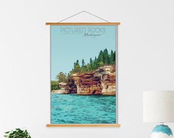 Pictured Rocks Michigan Illustration Print | Pictured Rocks Hanging Canvas Print | Printed Marketplace