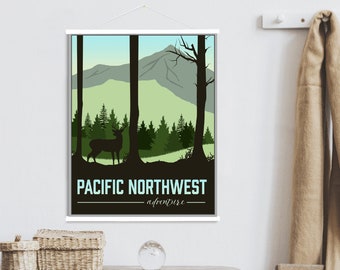 Pacific Northwest Washington Modern Illustration Print | Pacific Northwest Adventure Magnetic Poster Frame | Printed Marketplace