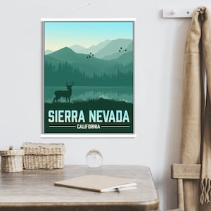 Kalifornien moderne Illustration Druck | Sierra Nevada magnetischer Posterrahmen | Gedruckter Marktplatz