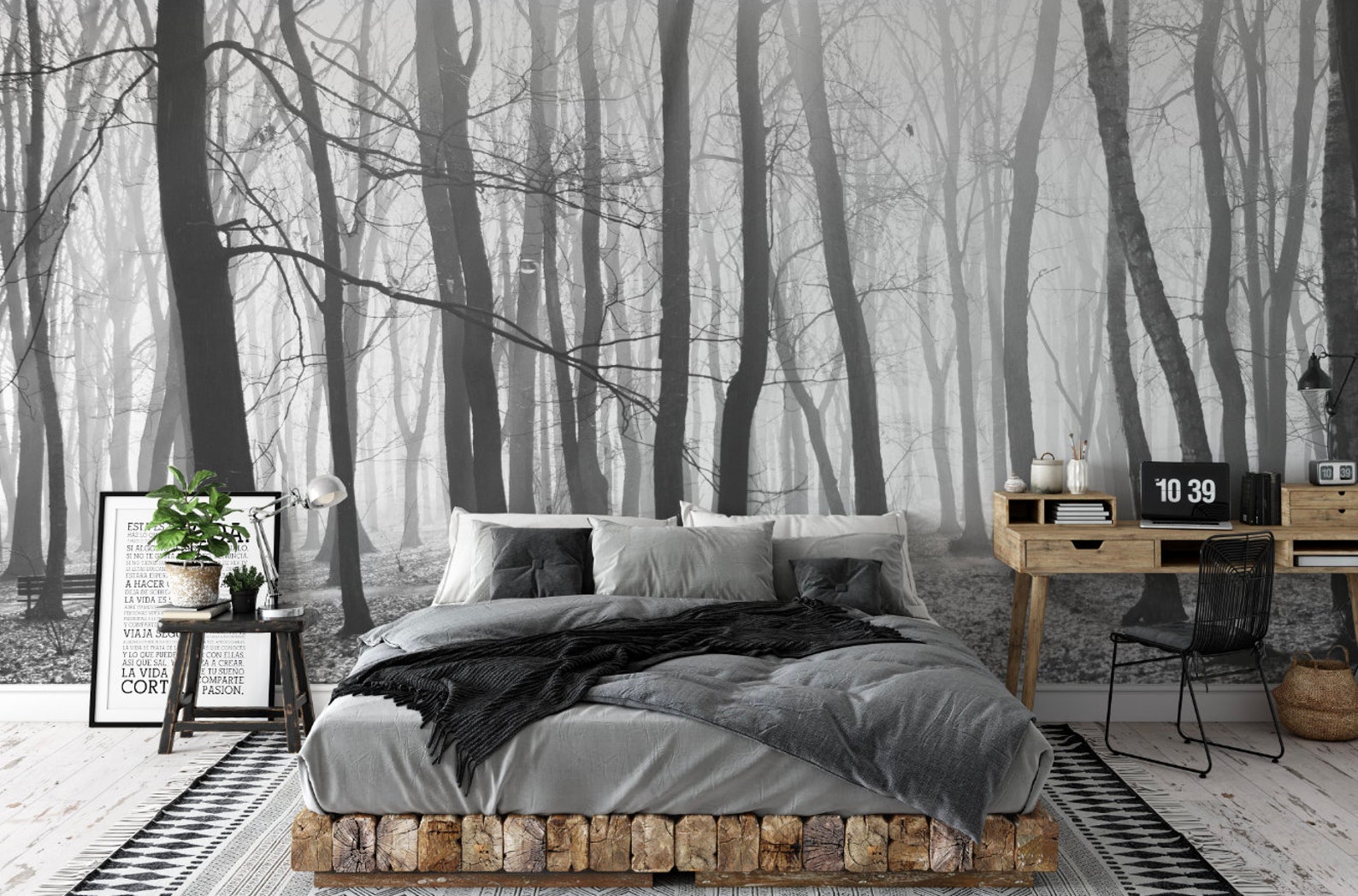 Black and White Forest Wallpaper Mural Alluring Charcoal Etsy