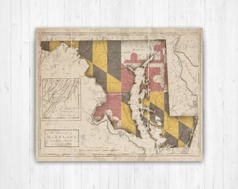 Maryland Vintage State Flag Map Print | Maryland Hanging Canvas Map Art | Printed Marketplace