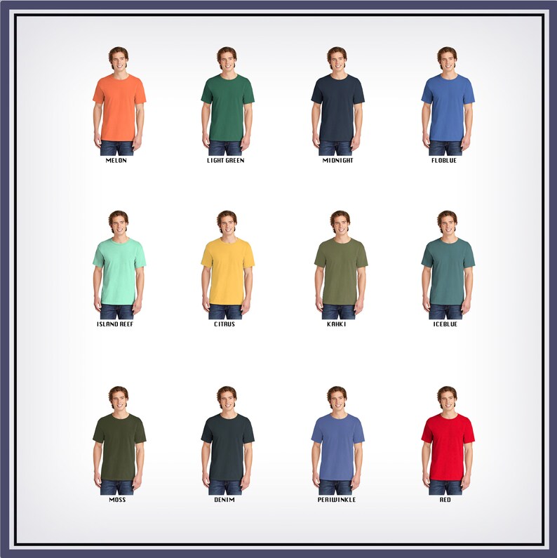 May include: A chart showing 12 different color t-shirts, each with a man wearing the shirt. The colors are: Melon, Light Green, Midnight, Floblue, Island Reef, Citrus, Khaki, Iceblue, Moss, Denim, Periwinkle, and Red.