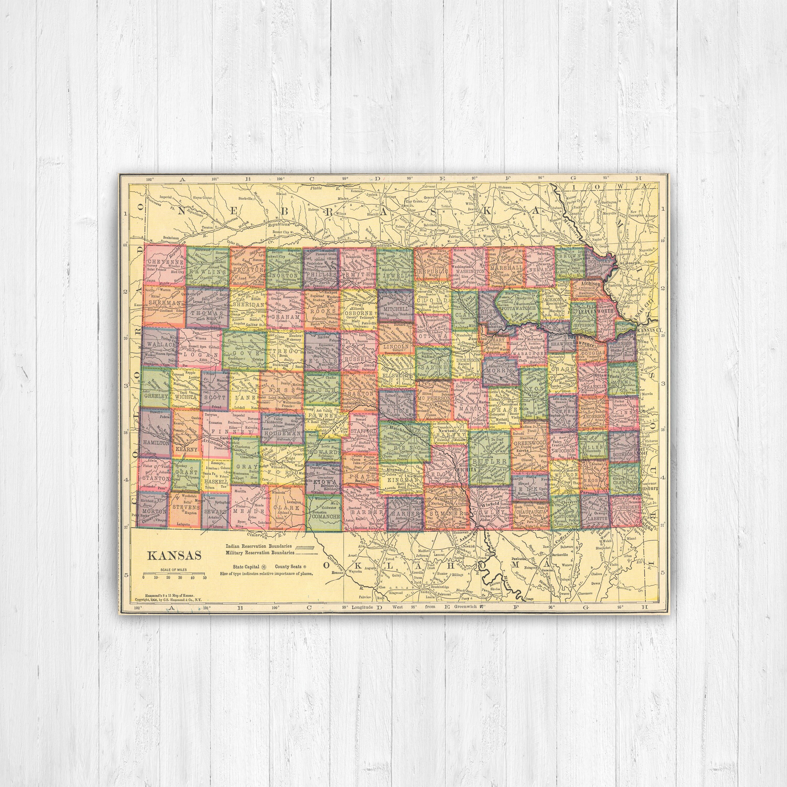 Kansas Antique Color State Map Print | Kansas Canvas Map Art | Printed ...